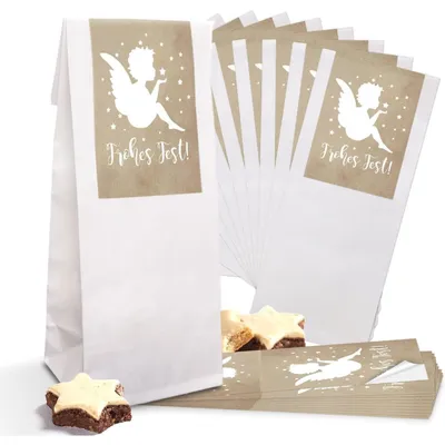 Produktbild von 25 kleine weiße Papiertüten mit Folieneinlage 7 x 4 x 20,5 cm + 25 ENGEL Aufkleber FROHES FEST braun beige Weihnachtstüten Geschenktüten Verpackung WeihnachtenEngel / 10 Stück