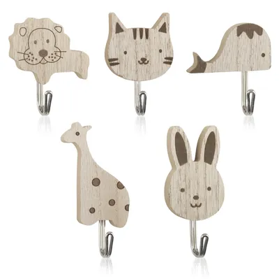 10 Holz-Wandhaken, Tier-Cartoon, selbstklebend, 5,5–8,7 cm