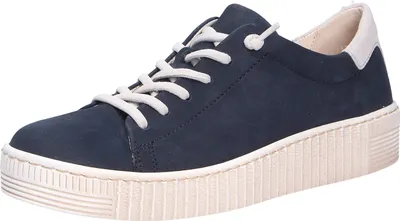 A single blue sneaker with a beige sole and laces is shown against a white background.