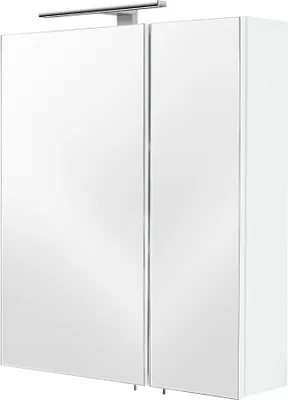 A white mirrored cabinet with a light fixture above it, shown from a slight angle.