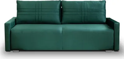 A green sofa is shown from the front against a white background.