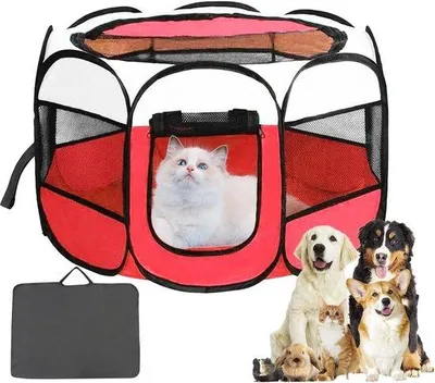 Image de Cage de transport pliable pour animaux, petite, beige et rouge, 74 x 74 x 43 cm