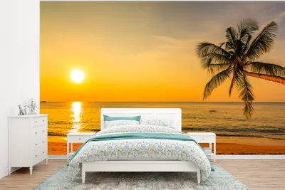 Produktbild von MuchoWow® Fototapete für Wohnzimmer oder Schlafzimmer Wandtapete Vinyl Motivtapete Palme - Strand - Sonnenuntergang - Meer - 375x280 cm - Schlafzimmer tapete