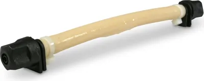 A product shot of a flexible hose with black connectors on a white background.