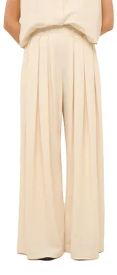 Immagine prodotto di Pantaloni da donna Linaria Plus, color beige, in viscosa e lino, produzione italiana. Modello ampio ed elegante