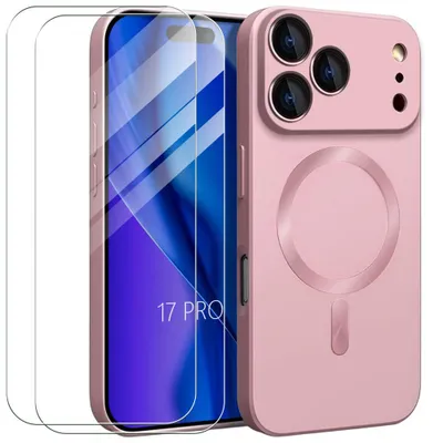 Image de Coque + 2 Verres Trempés pour iPhone 17 Pro, Protection TPU Anti-Rayures avec Cercle Magnétique Rose
