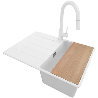 Produktbild von PRIMAGRAN Granitspüle Weiß 70x50cm, Spülbecken 1 Becken + Küchenarmatur 40x20cm + Ablauf-Set + Schneidebrett, Küchenspüle ab 40er Unterschrank - Kopenhagen