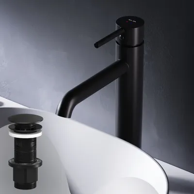 Produktbild von AM.PM Badarmatur Hoch Pop-Up Ablaufventil für Waschbecken Wasserhahn Bad Schwarz Waschtischarmatur mit Ablaufgarnitur 1 1/4 Zoll Messing Ventil Ablauf