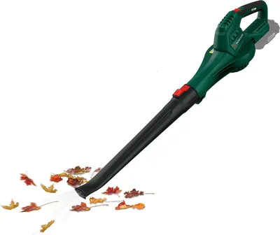 A green and black leaf blower is shown on a white background, with a few leaves being blown by the device.