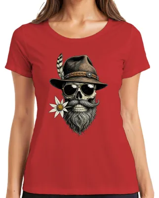 Produktbild von Totenkopf Bart Edelweiss Trachtenhut Trachtenshirt Lederhose Alpen Damen T-Shirt, Rot, S