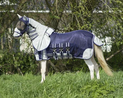 Produktbild von QHP Fliegendecke Falabella mit Halsteil und Fliegenmaske blue, Größe:105