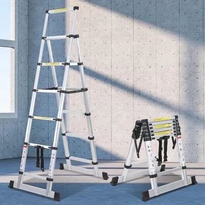 Produktbild von Famanu Teleskopleiter Aluminium 1,7 m + 2,0 m - Faltleiter A-Form, 5 + 6 Stufen, Maximale Tragfähigkeit 150 kg
