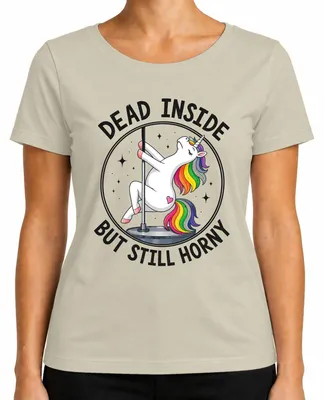 Productafbeelding van "Binnenin dood, maar toch nog zin in . Een sarcastische dames-T-shirt met een afbeelding van een eenhoorn die paaldans doet." (Maat: S)