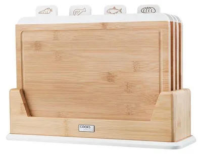 Produktbild von Cooks Professional 4-teiliges Bambus-Schneidebrett-Set mit Aufbewahrungsständer | Weiß