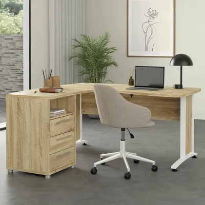Immagine prodotto di Dmora Scrivania Estong 150.4x159x75.4h cm Bianco, Angolare 3 Cassetti