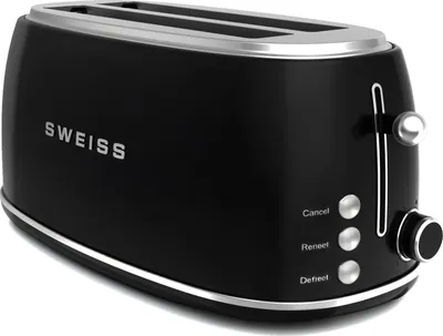 A black vintage-style toaster with silver accents.