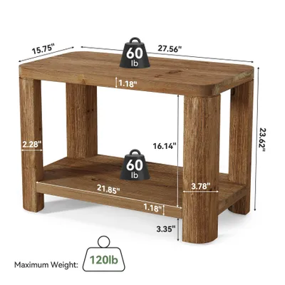 Immagine prodotto di Tavolino laterale in legno massello, stile rustico, con due ripiani, comodino rettangolare, ideale per camera da letto o soggiorno, facile da montare, colore marrone
