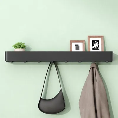 Produktbild von Mai & Mai Wandgarderobe mit Ablage und 8 Haken, Garderobenleiste 80 cm zur Wandmontage, Kleiderhaken für Flur, Badezimmer Sandschwarz Reglo-05