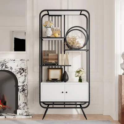 Zdjęcie produktu dla Regał Merax 180 cm, szafka do przechowywania z podwójnymi drzwiami, 3 półki, okrągłe dekoracje, do salonu, biura, metal, biały + czarny