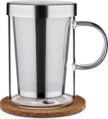 Produktbild von Teetasse mit Deckel und Sieb - Teeglas mit Sieb & Untersetzer 400ml - Teebecher Groß aus Borosilikat Glas - Feinmaschiger Filter