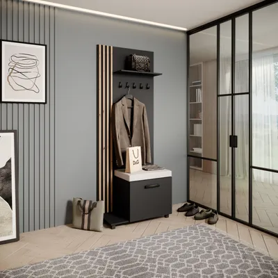 Image de Armoire LIVIA - Armoire haute avec cintres, armoire à chaussures, noir, lamelles en chêne Artisan, coussin d'assise beige clair, gauche