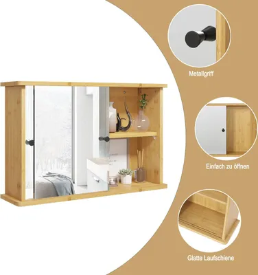 Produktbild von EUGAD Spiegelschrank mit Verstellbarer Ablage, aus Bambus, 55x35,5x14cm