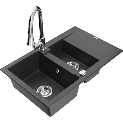Obrázek produktu pro Mexen Gaspar 1,5-miskový granitový dřez s odkapávačem a kuchyňskou baterií Elia, Skvrnitá černá - 6507-76-670101-00