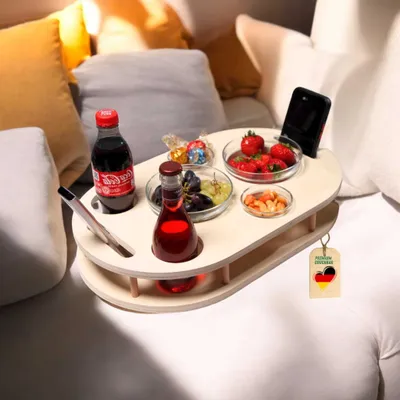 Produktbild von Couchbar Snackbox in Weiß mit 4 Glasschalen - Sofabar für Snacks und Getränke - Couchtabletts mit Getränkehalter - Sofa Butler - Couch Bar Snackbar