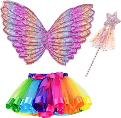 Produktbild von Buntes 3-teiliges Feenkostüm für Mädchen mit Glitzer-Schmetterlingsflügeln, Regenbogen-Tüllrock und Zauberstab für Kinderfasching und Verkleidungspartys
