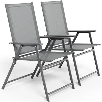 Immagine prodotto di Set di 2 sedie da giardino – Sedie pieghevoli per terrazza – Tessuto traspirante in Textilene – Impermeabili – Struttura in metallo con braccioli, schienale alto – Grigie