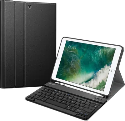 Produktbild von Fintie Tastatur Hülle für iPad 9.7 2018 (6. Generation), Soft TPU Rückseite Gehäuse Keyboard Case mit eingebautem Pencil Halter, magnetisch Abnehmbarer QWERTZ Bluetooth Tastatur, Schwarz