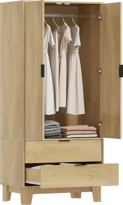 Image de HOMCOM Armoire chambre penderie avec 2 portes cannelées à fermeture douce, 2 tiroirs et barre de suspension, armoire à vêtements, dressing, style moderne, 80 x 50 x 180 cm, bois naturel