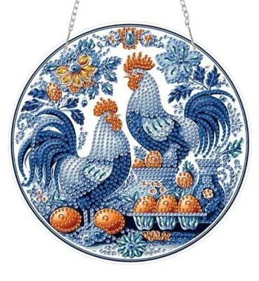 Immagine prodotto di Kit per decorazione da appendere a forma di gallo, blu e bianco, con cristalli diamantati 5D, per finestre, reversibile, con catena, dimensioni 19,3 x 19,3 cm