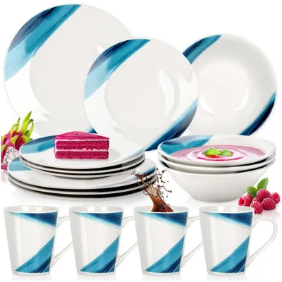 Produktbild von Vilde | Geschirrset - Weiß und Blau - 16 Teile - aus Porzellan - 4 Personen - Tiefe, Dessert und Flache Teller - Schälchen - Becher