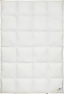 A white down comforter with a quilted pattern, laid flat on a white background. A small logo is visible in the bottom right corner.