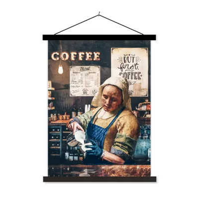 Produktbild von MuchoWow® Textilposter Cappuccino - Vermeer - Milchmädchen - Barista - Kaffee - Vintage 40x53 cm mit schwarzem Rahmen - Abbildung