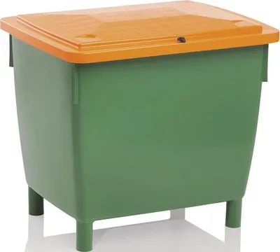 A green and orange plastic container with four legs, shown against a white background.
