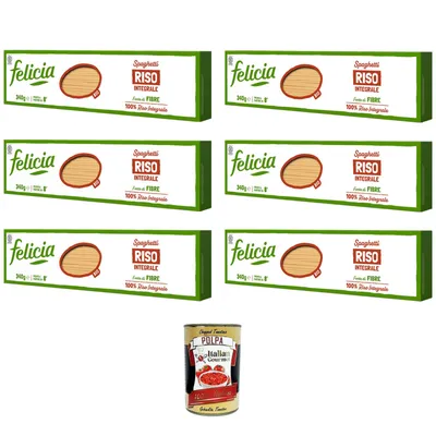 Produktbild von Felicia Spaghetti di Riso Integrale, Pasta mit 100 % braunem Reis aus der italienischen Lieferkette, Natürlich Glutenfrei, 6 x 340g + Polpa 400g