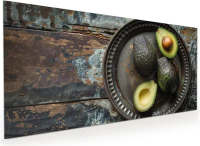Produktbild von Küchenrückwand Spritzschutz Glas mit Motiv Avocados Holzteller 40 x 40 cm