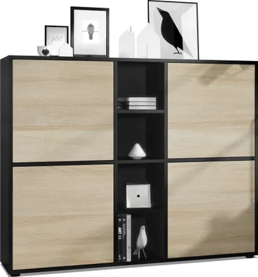 Produktbild von Vladon Highboard Cuba V3, Germany, Schwarz matt/Eiche sägerau - Moderne Anrichte mit 12 Fächern (130,5 x 105,5 x 35,5 cm)