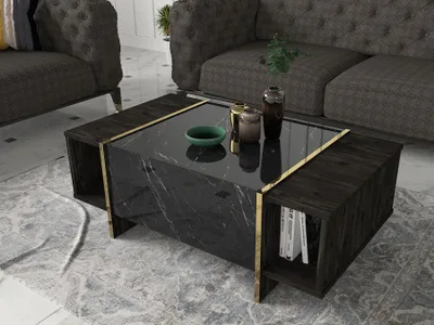 A modern living room setting with a tufted sofa and an armchair flanking a rectangular coffee table.