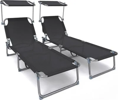 Produktbild von Famanu Liegestuhl Set von 2 - Klappbar, mit Sonnenschutz und verstellbarer Rückenlehne, schwarz