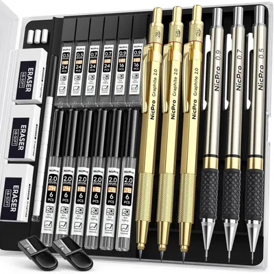 Immagine prodotto di Set di matite a grafite, 6 pezzi, metallo dorato, con punte da 0,5/0,7/0,9/2,0 mm, completo di 12 confezioni di mine e astuccio