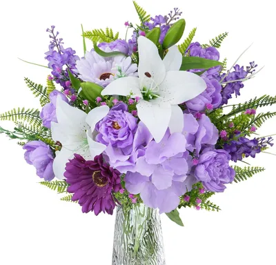 Immagine prodotto di Composizione floreale artificiale con rose viola, gigli, gerbere, ortensie, confezione singola, ideale per la decorazione
