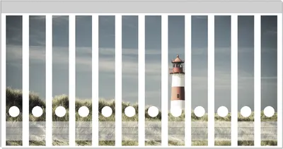 Produktbild von Wallario Ordnerrücken Sticker, selbstklebend für schmale Ordner, 12 Stück, Motiv Leuchtturm auf der Düne am Strand