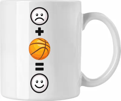 Produktbild von Trendation - Basketball Tasse Geschenk für Basketball-Spieler Geburtstag Lustige Geschenkidee :( + Basketball = :) (Weiß)