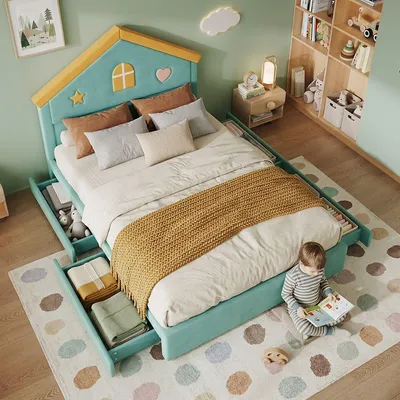 Produktbild von Merax Polsterbett Kinderbett 140x200 cm mit 4 Schubladen, Hausbett gepolstertes Jugendbett aus Samt, Stauraumbett mit Haus-Kopfteil, Blaugrün
