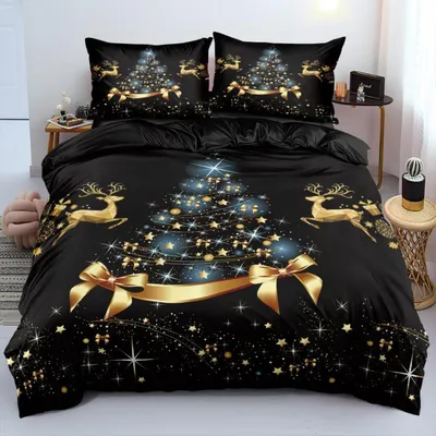 Immagine prodotto di Biancheria da letto natalizia, 155x220 cm, colore nero e oro, in microfibra, 2 pezzi, con cerniera