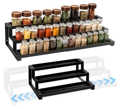 Produktbild von Gewürzregal mit 3 Ebenen für den Innenschrank, 41–75 cm, erweiterbarer Gewürz-Organizer, Schwarz