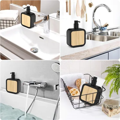 Produktbild von Quadratischer Seifenspender 390 ml mit Bambuspumpe - Flüssigseifenspender für Badezimmer und Küche